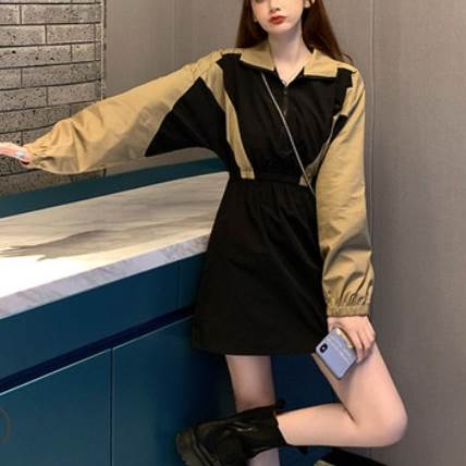 【P2倍&クーポン有】ワンピース レディース 春 秋 冬 ミニ ひざ上 長袖 襟付き ポロカラー ハイウエスト ボタン ブラック バイカラー 無地 S M L ...