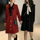 【P2倍&クーポン有】ワンピース レディース シャツワンピース 春 秋 冬 ひざ上 長袖 Iライン 前開き リボン ボタン ブラック レッド 無地 S M L ...