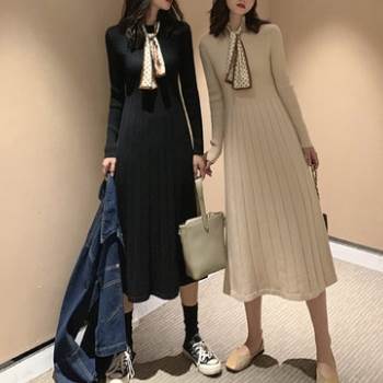 【P2倍&クーポン有】ワンピース レディース フレアワンピース 春 秋 ミモレ丈 長袖 ボウタイリボン ノーカラー 細身 Aライン リボン ブラック アプリコッ...