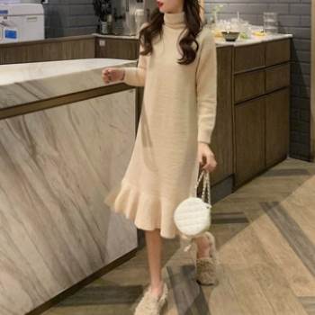 【P2倍&クーポン有】ワンピース レディース 秋 冬 ひざ下 ミモレ丈 長袖 タートルネック マーメイド フリル ブラック ホワイト アプリコット 無地 S M...