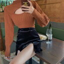 【P2倍&クーポン有】ニット セーター トップス レディース 秋 冬 長袖 ボリューム袖 ハイネック スリム 細身 肌みせ ホワイト ブラウン 無地 S M L XL LL リブ バイト イベント 外出 1枚で決まる 流行 トレンド 普段使い 格上げ 送料無料 デイリー 合わせやすい