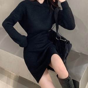 【P2倍&クーポン有】ショート丈 ニット ワンピース レディース パーカー 個性的 秋 冬 ひざ上 お尻カバー 長袖 萌袖 ドロップショルダー ラウンドネック ...