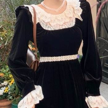 【P2倍&クーポン有】ミドル丈 レース ワンピース レディース ワンピドレス 個性的 秋 冬 ひざ下 お尻カバー 長袖 萌袖 ラウンドネック 襟付き フレア セ...