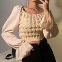 【P2倍&クーポン有】ショート丈 スクエアネック トップス レディース ニット セーター 個性的 春 秋 長袖 萌袖 ボリューム袖 襟なし 鎖骨きれい 切り替えデザイン シフォン 透け感 伸縮性 カラバリあり ブラック アプリコット 柄あり フリーサイズ 薄手 パーティ