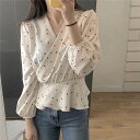 【P2倍&クーポン有】カシュクール シャツ ブラウス トップス カットソー 春 秋 普通丈トップス 長袖 二の腕カバー バルーン袖 ノーカラー デコルテきれい フレア 細身 ペプラム 切り替えデザイン ハイウエスト ウエスト ツヤ感 アプリコット 柄あり ハート柄 S M L