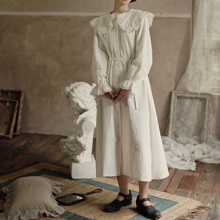 【P2倍&クーポン有】デカ襟 ワンピース シャツワンピース 春 秋 ミモレ丈 長袖 フリル袖 ひらり袖 襟付き ビッグカラー フレア Aライン 羽織り タック入...