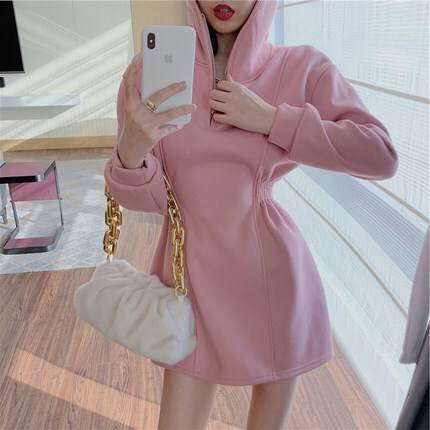 【P2倍&クーポン有】ミニ スウェットワンピ フード トップス パーカー ワンピース 春 秋 ひざ上 長袖 ノーカラー デコルテきれい 鎖骨きれい タイト セミ...