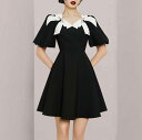 【P2倍&クーポン有】スクエアネック リボン フレアワンピース ワンピース レディース 個性的 春 夏 ミニ ひざ上 ショート丈 お尻カバー 半袖 バルーン袖 ...