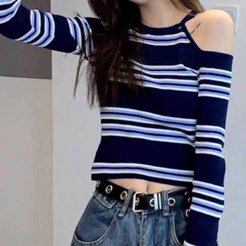 【P2倍&クーポン有】肩だし ボーダー調 ニット トップス レディース 春 秋 冬 短丈トップス 長袖 ラウンドネック ネイビー 藍色 フリーサイズ 学校 職場 イベント 旅行 カラオケ 1枚で決まる 普段使い 美脚 脚長 送料無料 着回し コーディネートしやすい