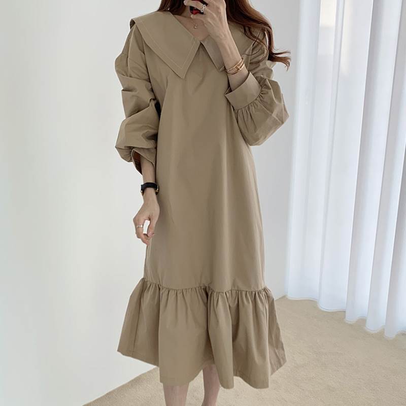 【P2倍&クーポン有】ティアード ドロップショルダー パフスリーブ ワンピース レディース プルオーバー シャツワンピース 個性的 春 秋 ロング丈 お尻カバー...