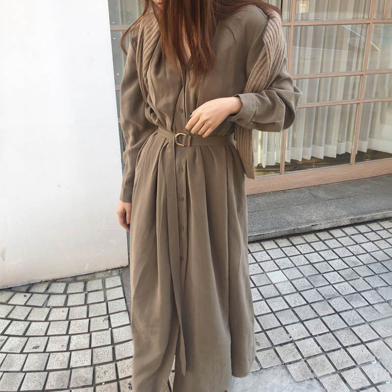 【P2倍&クーポン有】Vネック ベルト ウエスト ワンピース レディース シャツワンピース フレアワンピース 個性的 春 秋 冬 ミモレ丈 ロング丈 長袖 デコ...