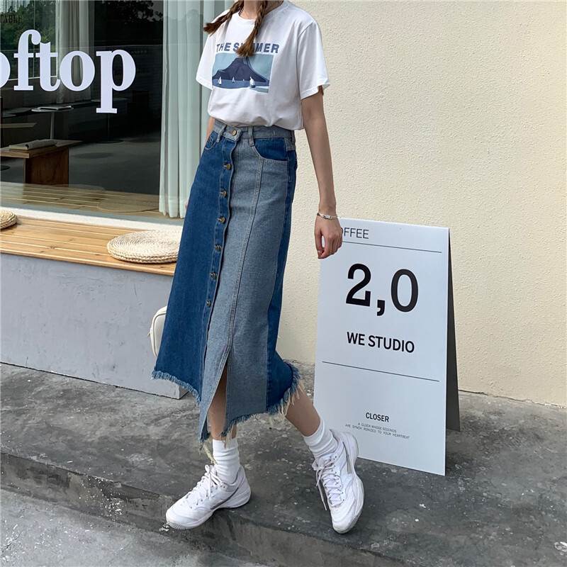 【P2倍&クーポン有】Iライン デニム スカート レディース 個性的 春 夏 秋 冬 オールシーズン 7分丈 ミディアム丈 タイト ポケット バックスリット 切り替えデザイン ウエスト ボタン ブルー 無地 サイズ豊富 S M L XL LL 2XL 3L 3XL 4L 4XL 5L 5XL 6L ブルーデニム