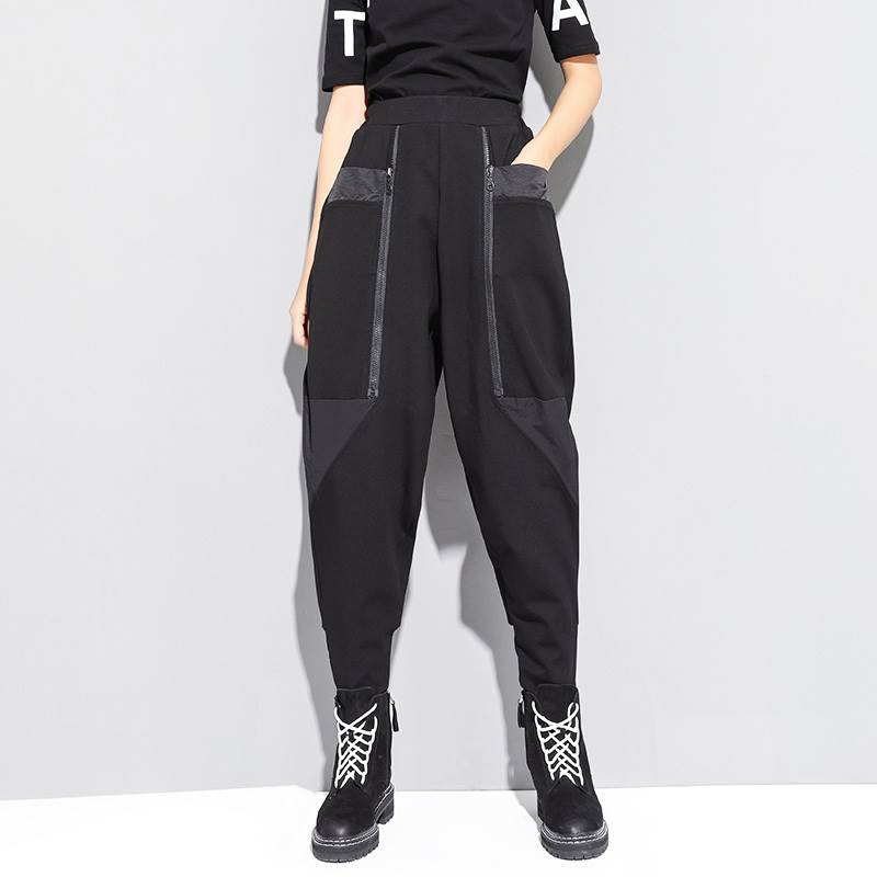 【P2倍&クーポン有】ハイウエスト ジョガーパンツ ボトムス パンツ レディース テーパード 個性的 春 夏 秋 冬 オールシーズン 7分丈 ミドル丈 ファスナー ポケット ウエストゴム ブラック 無地 サイズ豊富 M L XL LL 2XL 3L イベント 外出 ライブ スニーカーコーデ