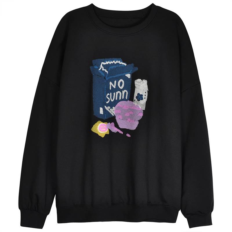 【P2倍&クーポン有】ラウンドネック ゆったり トレーナー トップス レディース プルオーバー 部屋着 個性的 春 秋 冬 裾長め お尻カバー 裾ワイド 長袖 萌袖 Uネック 襟なし BIGシルエット ダボダボ 伸縮性 カラバリあり ブラック グレー 柄あり プリント フリーサ