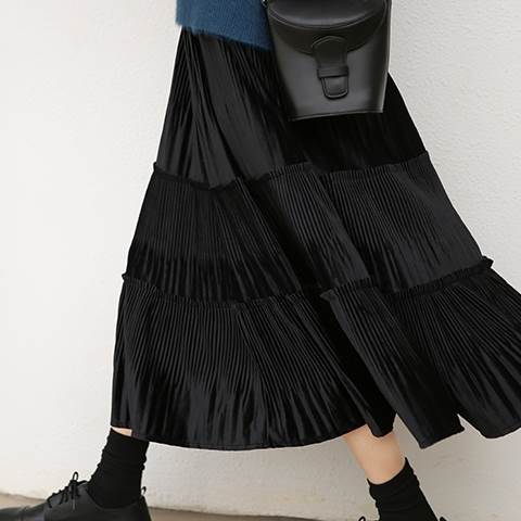 【P2倍&クーポン有】プリーツスカート ティアード スカート ボトムス レディース ギャザー 春 夏 秋 冬 オールシーズン ミモレ丈 ミディアム丈 フレア セミフレア Aライン ウエストゴム ブラック 黒 無地 S M L オフィス 大学 職場 旅行 レストラン コンサート 外出