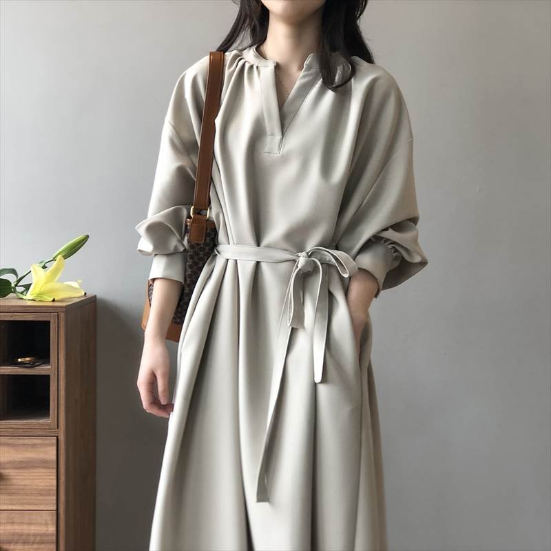 【P2倍&クーポン有】シャツワンピ ミモレ ボリューム袖 ロング レディース ワンピース マキシ 丈長 7分袖 長袖 Vネック フレア セミフレア Aライン ウ...