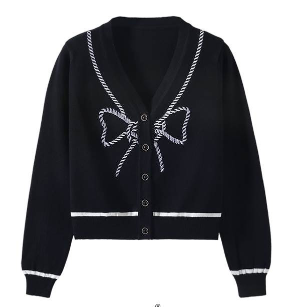 【P2倍&クーポン有】カーディガン ショート丈 刺繍 トップス レディース ニット 個性的 春 秋 短丈トップス 長袖 パフスリーブ Vネック 羽織り 前開き ボタン ブラック 黒 ホワイト 白 柄あり ライン パイピング ビッグサイズ フリーサイズ 普段使い 合わせやすい