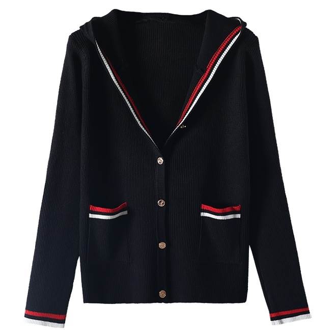 【P2倍&クーポン有】ニット フード カーディガン トップス レディース 個性的 春 秋 長袖 Vネック 羽織り 前開き すっきり ポケット ボタン ライン パイピング ブラック 黒 ホワイト 白 ロイヤルブルー S M L リブ 旅行 外出 スニーカーコーデ 細見え 着回し デイリー