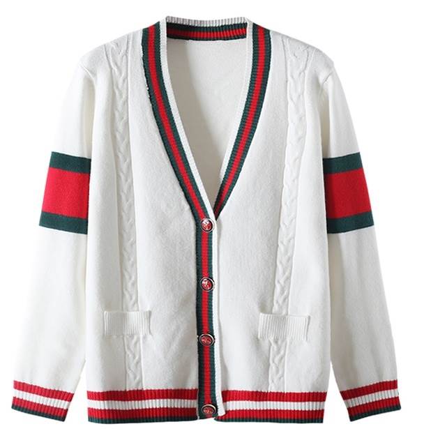 Nylon, Rayon, Polyester - 【P2倍&クーポン有】ニット カーディガン Vネック トップス レディース 個性的 春 秋 冬 長袖 羽織り 前開き ケーブルニット ボタン ライン パイピング ホワイト 白 ロイヤルブルー S M L ゆったり オフィス 職場 旅行 スニーカーコーデ デイリー きれいめ クラシカル