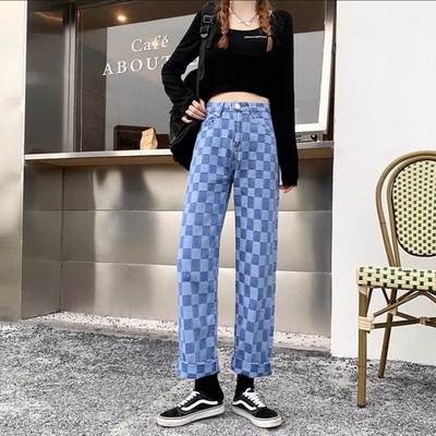 【P2倍&クーポン有】チェック柄 デニム パンツ ボトムス レディース 個性的 春 夏 ロング丈 ストレート ポケット ハイウエスト カラバリあり グレー ライトブルー くすみカラー 柄あり サイズ豊富 S M L XL LL 2XL 3L ブルーデニム 学校 バイト 旅行 海 コンサート