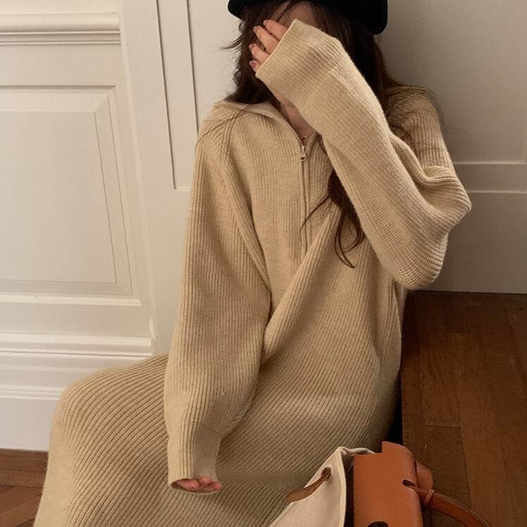 【P2倍&クーポン有】リブ ニットワンピワンピース レディース 個性的 秋 冬 ミモレ丈 お尻カバー 長袖 ボリューム袖 スタンドカラー 鎖骨きれい Iライン ...