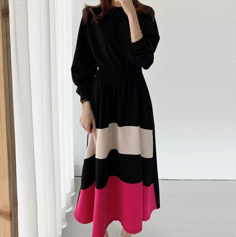 【P2倍&クーポン有】ミモレ丈 フレア ワンピース ワンピドレス レディース 個性的 春 秋 お尻カバー 裾ワイド 長袖 クルーネック 丸首 襟なし Aライン ...