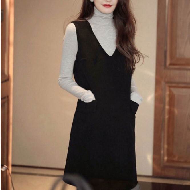 【P2倍&クーポン有】Vネック ジャンパー スカート ワンピース レディース ノースリーブ 個性的 春 秋 冬 ひざ上 ショート丈 襟なし フレア スリム Aラ...