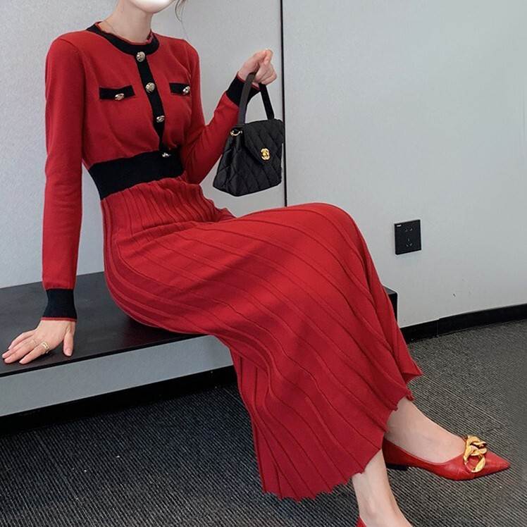 【P2倍&クーポン有】ラウンドネック ニット ワンピース レディース プリーツスカート 個性的 春 夏 ロング丈 7分丈 お尻カバー 長袖 Uネック 襟なし フ...