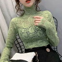 【P2倍&クーポン有】 レース 刺繍 チュール レディース トップス カットソー 丈長 長袖 萌袖 ハイネック タートルネック 襟なし ノーカラー タイト スリム 細身 スマート フェミニン 立体 透け感 シースルー 白 ホワイト 黒 ブラック ベージュ ピンク 緑 グリーン