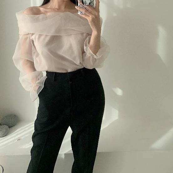 【P2倍&クーポン有】シースルー オフショルダー シャツ トップス レディース プルオーバー 個性的 春 夏 長袖 フレアスリーブ フレンチスリーブ ボリューム袖 鎖骨きれい フレア セミフレア 肩だし シフォン ふわふわ 透け感 くすみカラー 春カラー パステルカラー