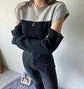 【P2倍&クーポン有】切り替えデザイン リブ ニット トップス レディース セーター プルオーバー 個性的 秋 冬 ショート丈 短丈トップス 長袖 萌袖 ラウンドネック カラバリあり ブラック 黒 ネイビー ブラウン 茶色 秋カラー バイカラー 無地 フリーサイズ 学校