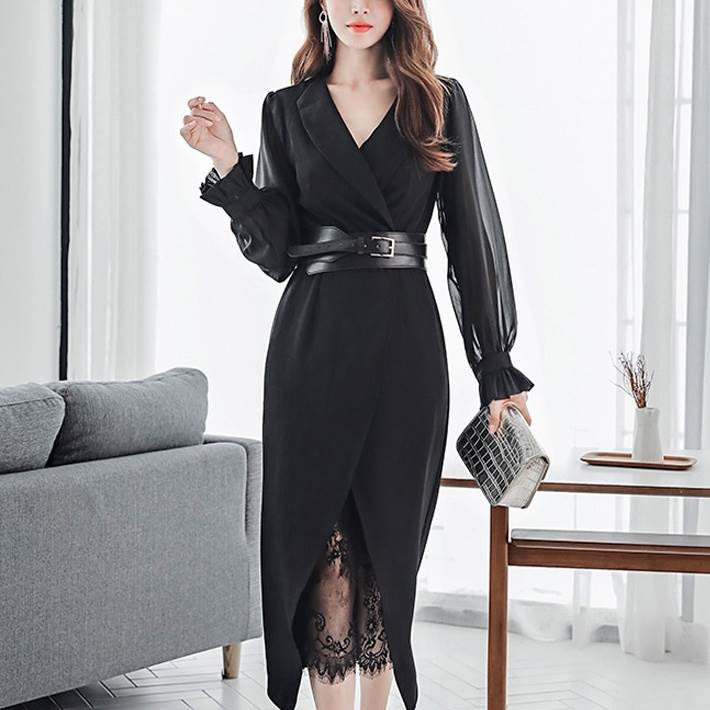 【P2倍&クーポン有】タイトスカート ロングスカート Vネック レディース スカート ワンピース ロング マキシ 8分丈 丈長 長袖 萌袖 フリル袖 襟なし ノ...