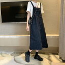 【P2倍&クーポン有】ポケット ボタン レイヤード ブルーデニム ラフ レディース スカート ワンピース サロペット デニム タイトスカート ロングスカート ミ...