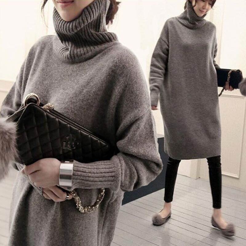 【P2倍&クーポン有】ハイネック タートルネック 襟なし ノーカラー ストレート Iライン フェミニン レディース スカート ワンピース ニット ニットワンピ ロングスカート ロング マキシ 9分丈 丈長 長袖 萌袖 立体感 厚手 かわいい 大人可愛い 黒 ブラック グレーのサムネイル