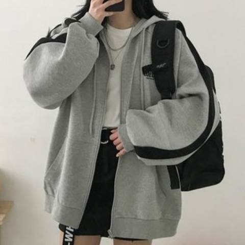 【P2倍&クーポン有】ワイド ストレート Iライン オーバーサイズ フェミニン ストリート レディース トップス パーカー トレーナー スウェット ジャージ 部屋着 羽織 前開き 長袖 萌袖 Uネック 襟なし ノーカラー 立体感 ふっくら 黒 ブラック グレー ライトグレー(4)