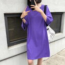 【P2倍&クーポン有】半袖 Tシャツワンピ トップス ワンピース レディース Tシャツ オールシーズン ひざ丈 Uネック ブラック 黒 ホワイト 白 赤 レッド ネイビー 藍色 イエロー 黄色 パープル 紫色 無地 サイズ豊富 M L XL LL 2XL 3L 学校 イベント 海 プール カラオケ