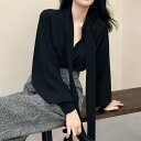 【P2倍&クーポン有】リボン スタンドカラー 裾イン トップス レディース ブラウス プルオーバー 個性的 春 秋 冬 ミディアム丈 お尻カバー 長袖 二の腕カバー ハイネック ストレート Iライン 落ち感 すっきり 立体的 ハリ感 ブラック 黒 無地 S M L XL LL ゆったり(4)