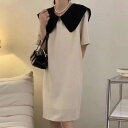 【P2倍&クーポン有】ビッグカラー クルーネック リボン ワンピース レディース フレアワンピース 個性的 春 夏 ひざ丈 お尻カバー ポッコリお腹カバー 半袖...