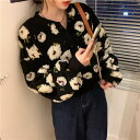【P2倍&クーポン有】花柄 クルーネック BIGシルエット トップス レディース カーディガン 個性的 春 秋 冬 ミディアム丈 長袖 二の腕カバー バルーン袖 ドロップショルダー 丸首 羽織り 前開き オーバーサイズ レイヤード 立体的 ハリ感 黒 柄あり 総柄 フラワー