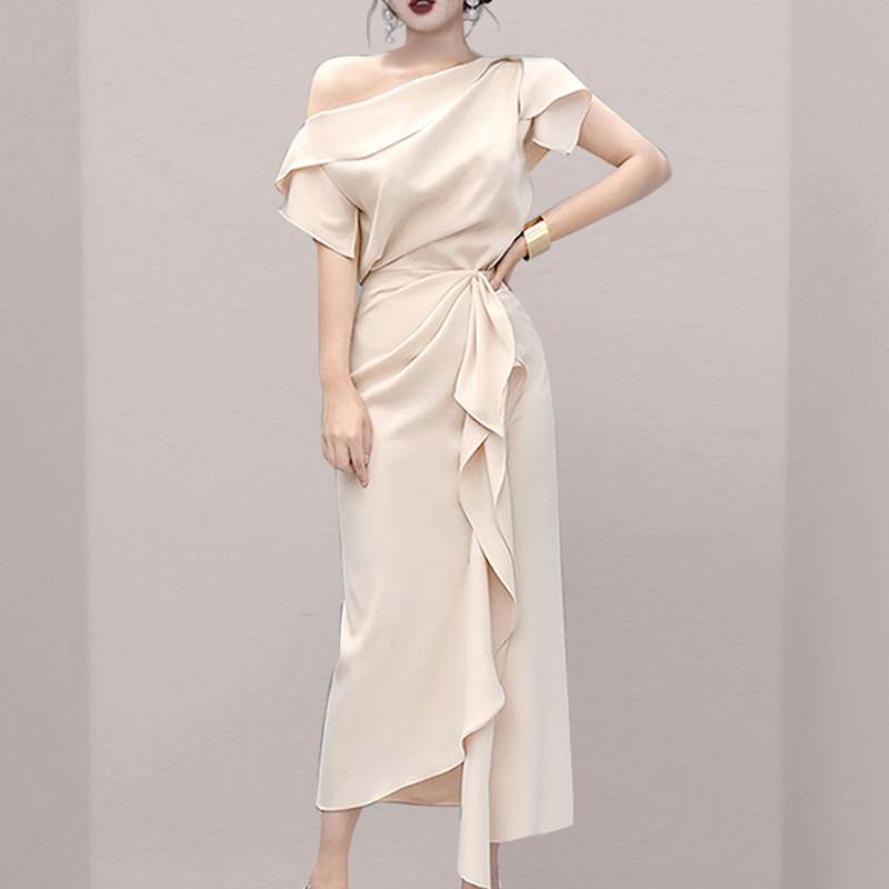 【P2倍&クーポン有】アシンメトリー ワンショルダー リボン ワンピース ドレス レディース 巻きスカート ラップ オケージョンドレス ワンピドレス 個性的 春...