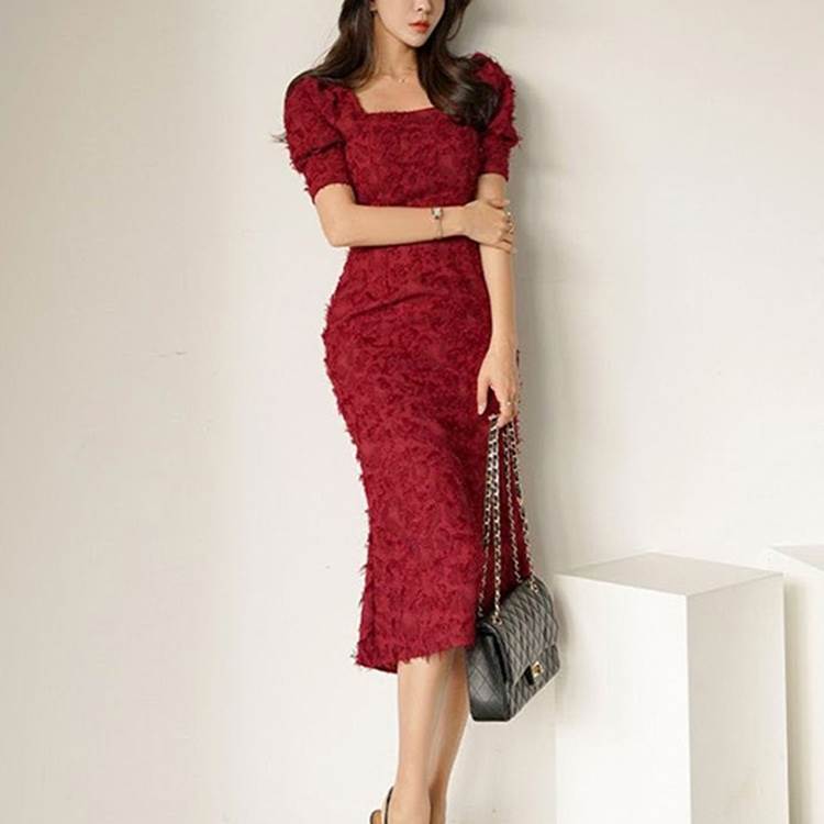 【P2倍&クーポン有】パフスリーブ スクエアネック マーメイド ワンピース ドレス レディース オケージョンドレス ワンピドレス 個性的 春 夏 秋 冬 オール...