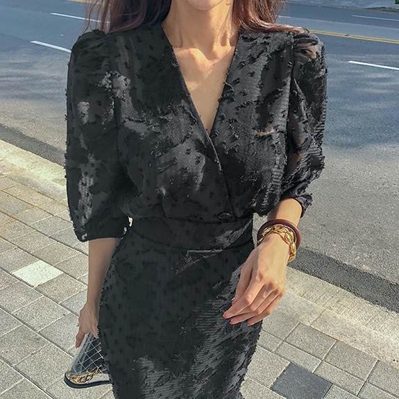 【P2倍&クーポン有】マーメイド シアー袖 パフスリーブ Vネック カシュクール ワンピース ドレス レディース オケージョンドレス ワンピドレス 個性的 春 ...