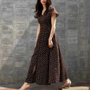 【P2倍&クーポン有】ドット柄 水玉 フリル袖 Vネック フレア ワンピース レディース プルオーバー 個性的 春 夏 ロング丈 お尻カバー ポッコリお腹カバー...