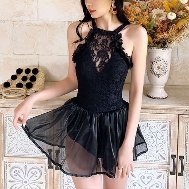 【P2倍&クーポン有】水着 スイムウェア レディース 紐 ワンピース 体型カバー 三角ビキニ ホルターネック レース 刺繍 チュール シフォン フリル ウエストマーク バックリボン ハイウエスト ニット 編み込み セクシー 美脚 韓国 背中見せ 体型カバー M L XL ブラ