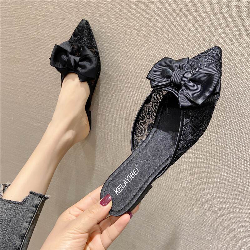 【P2倍&クーポン有】ミュールレディース パンプス サンダル トゥパンプス フラットシューズ ぺたんこシューズ ぺたんこパンプス ミュール フラット ぺたんこ ポインテッドトゥ 刺繍 リボン 美脚 脚長 薄手 大人可愛い きれいめ 上品 おしゃれ エレガント 抜け感