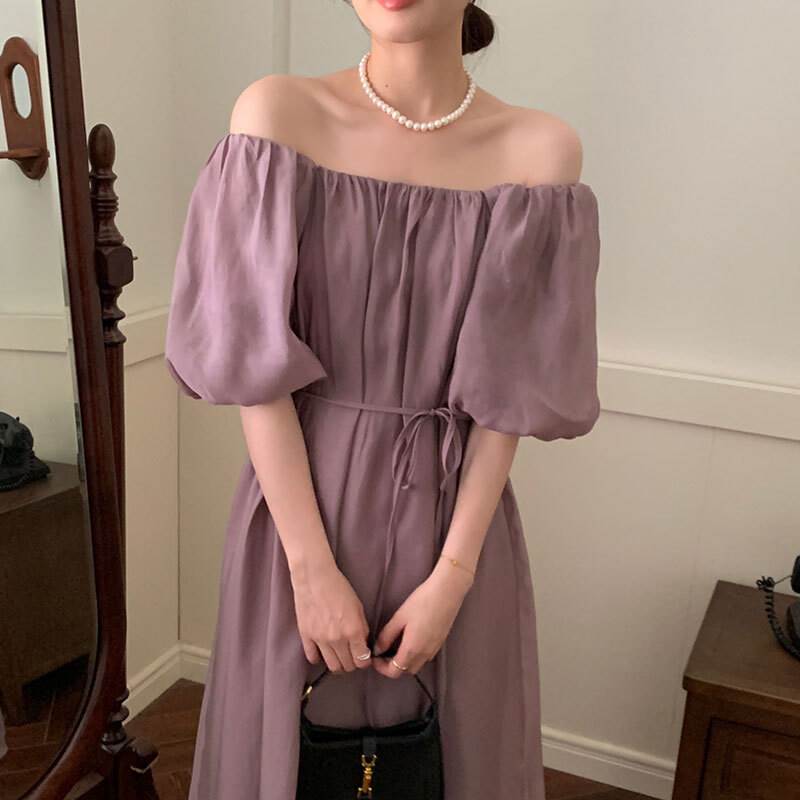 【P2倍&クーポン有】オフショルダー ロング丈 ワンピース レディース シャツワンピース 個性的 春 夏 ミドル丈 お尻カバー ポッコリお腹カバー 七分袖 ボリ...