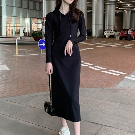 【P2倍&クーポン有】ミドル丈 長袖 ワンピース レディース パーカー スウェットワンピ 個性的 秋 冬 ひざ下 お尻カバー Vネック 襟なし 細身 フード 伸...