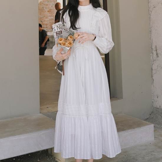 【P2倍&クーポン有】ロング丈 長袖 ワンピース シャツワンピース 個性的 春 夏 アンクル丈 お尻カバー 萌袖 ラウンドネック 襟なし ハイウエスト フリル ...