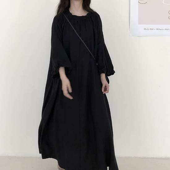 【P2倍&クーポン有】ロング丈 ワンピース レディース シャツワンピース 個性的 秋 冬 お尻カバー ポッコリお腹カバー 長袖 ボリューム袖 ラウンドネック 襟...