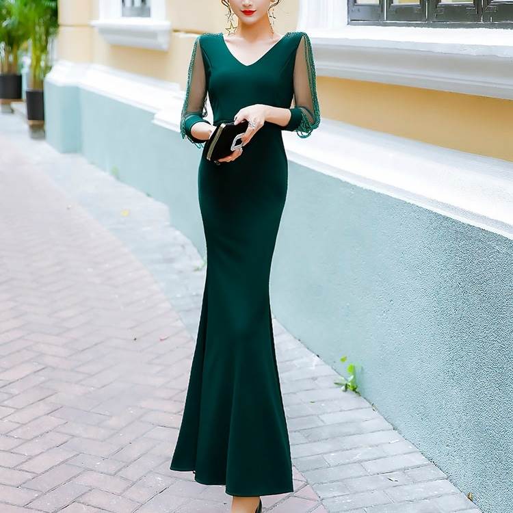 【P2倍&クーポン有】オケージョンドレス ワンピドレス ドレス 個性的 オールシーズン アンクル丈 マキシ丈 七分袖 二の腕カバー シアー袖 Vネック ノーカラ...